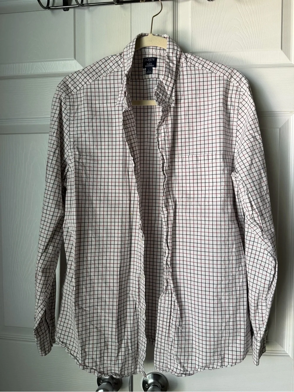 J. Crew White Button-Up Shirt with Red & Navy Windowpane Plaid